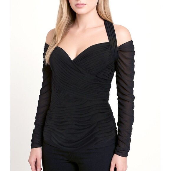 Vintage Tadashi Blouse Womens M Black Sheer Pleated Off Shoulder Halter Goth Y2K - Picture 1 of 14